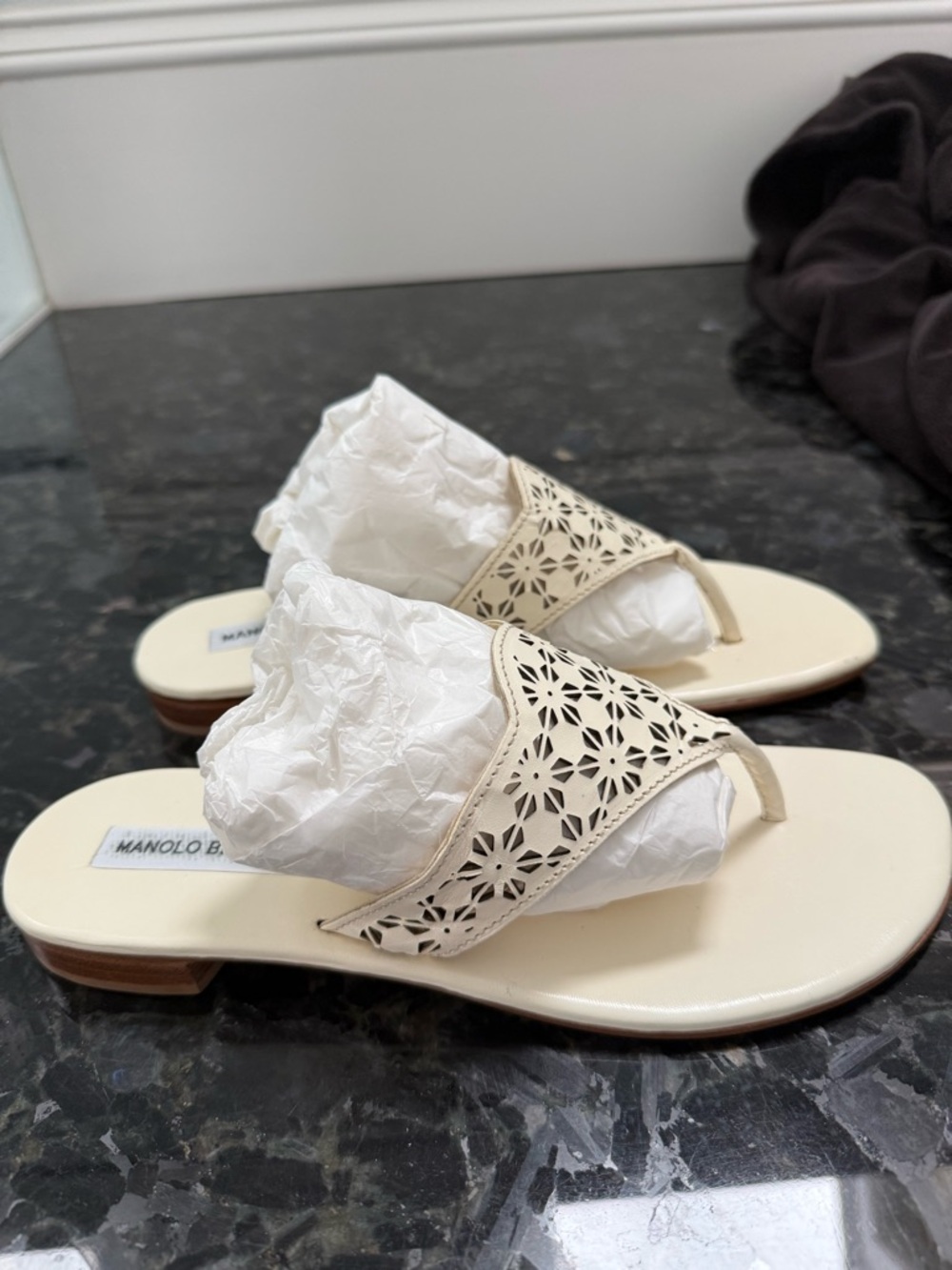 Manolo Blahnik Cream Laser-Cut Thong Sandals